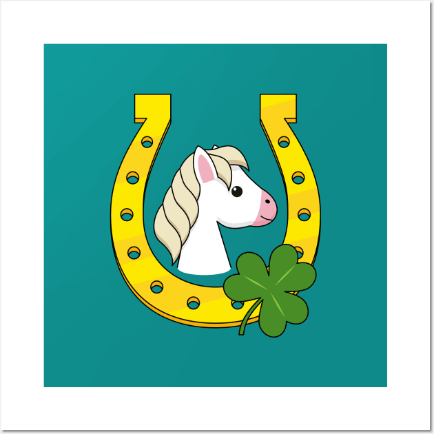 Cute White Horse with Golden Horse Shoe and Shamrock Wall Art by BirdAtWork